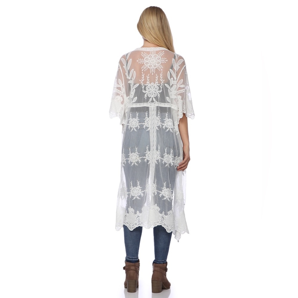 2Bella White Lace Embroidered Floral Butterfly Kimono Cover Up Cardigan Duster